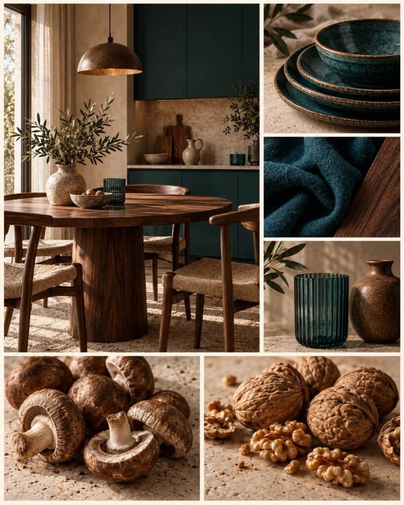 Mood Board Farbtrend Beige & Petrol & Braun - mit KI erstellt