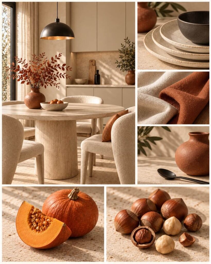 Mood Board Farbtrend Beige & Karamell, Cognac oder Terracotta - mit KI erstellt