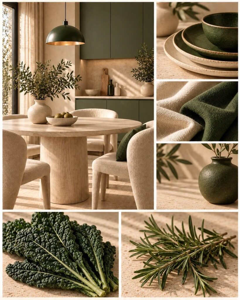 Mood Board Farbtrend Beige & Waldgrün - mit KI erstellt